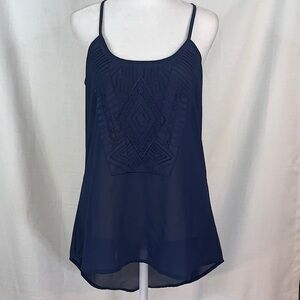 Takara Sheer Navy Tank Top with Embroidered Tribal Pattern